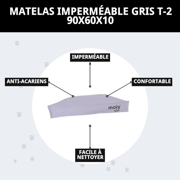 Matelas Waterproof Gris T-2 90x60x10 pour Animaux Confortable