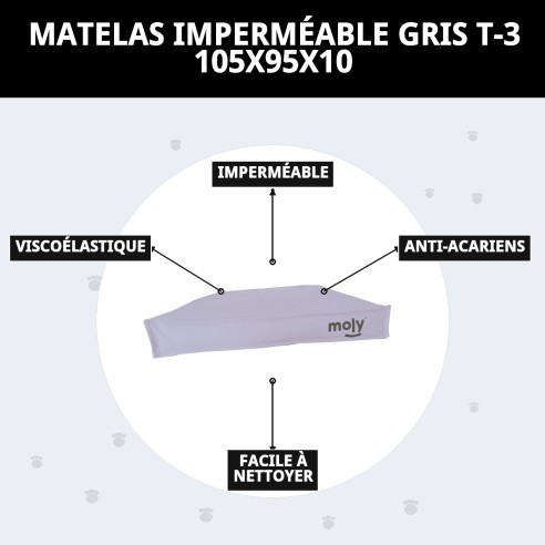 Matelas Waterproof Gris T-3 105x95x10 pour Animaux Confortable