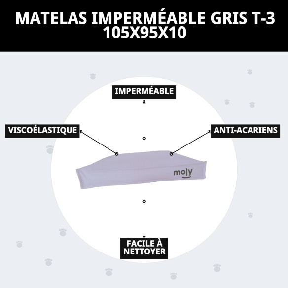Matelas Waterproof Gris T-3 105x95x10 pour Animaux Confortable