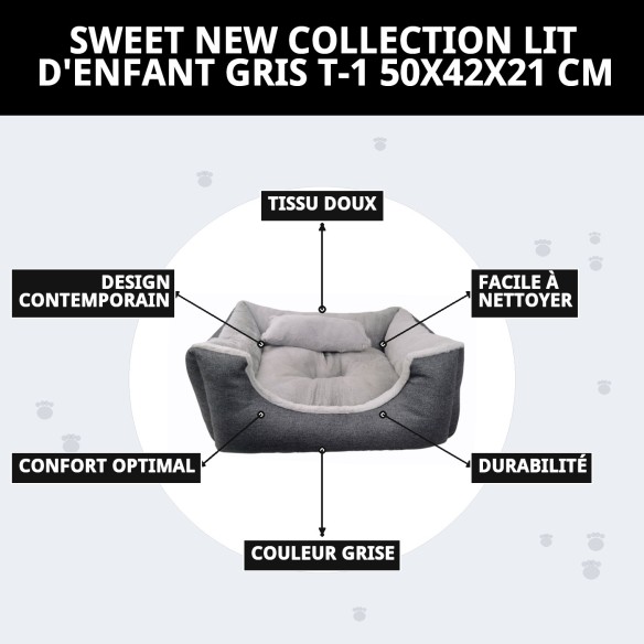 Lit de couleur gris DULCE Nouvelle Collection pour Animaux T-1 50x42x21 cm