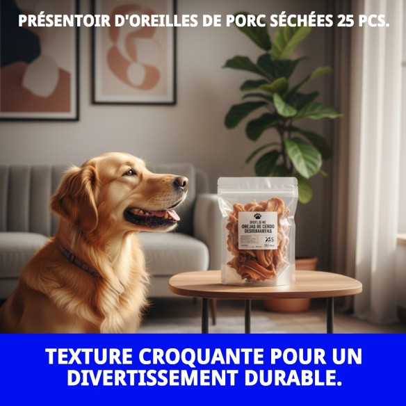 Exposeur Oreilles de Porc Déshydratées pour Chiens - 25 Unités