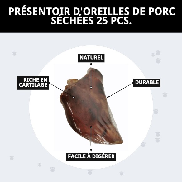 Exposeur Oreilles de Porc Déshydratées pour Chiens - 25 Unités