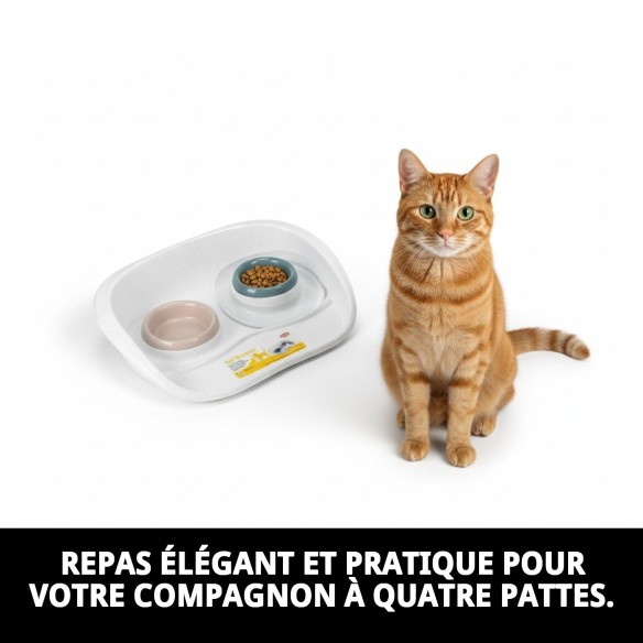 Dîner Set Plateau avec 2 Bols pour Animaux Élégant