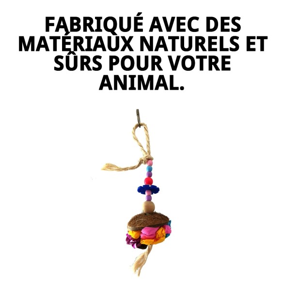 Jouet interactif pour oiseaux : corde, papier et coco.
