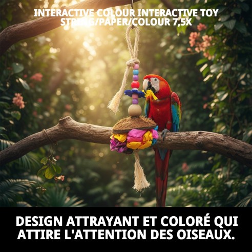 Jouet interactif pour oiseaux : corde, papier et coco.