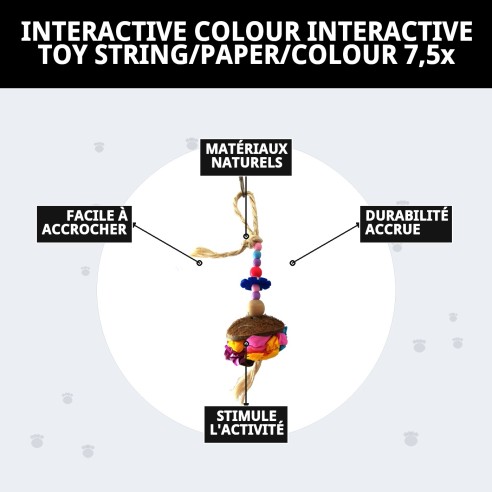 Jouet interactif pour oiseaux : corde, papier et coco.