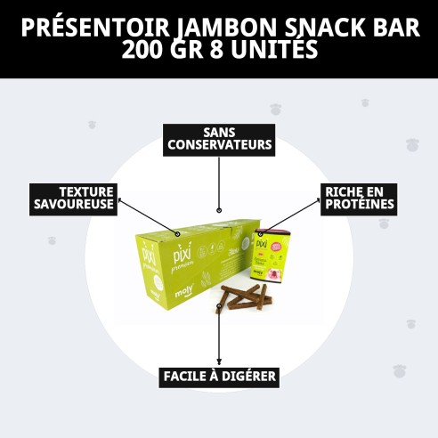 Exposant Barrette Snack Jambon 200g - 8 Unités pour Animaux de Compagnie