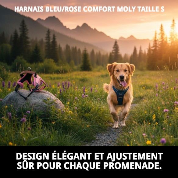 Harnais Confort Moly Bleu/Rose Taille S pour votre Animal de Compagnie