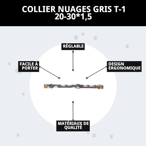 Collier Nuages Gris T-1 : Style et Confort pour votre Animal de Compagnie