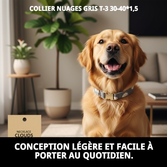 Collier Nuages Gris T-3 pour Chiens 30-40 cm - Confort et Style