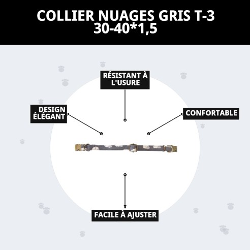 Collier Nuages Gris T-3 pour Chiens 30-40 cm - Confort et Style