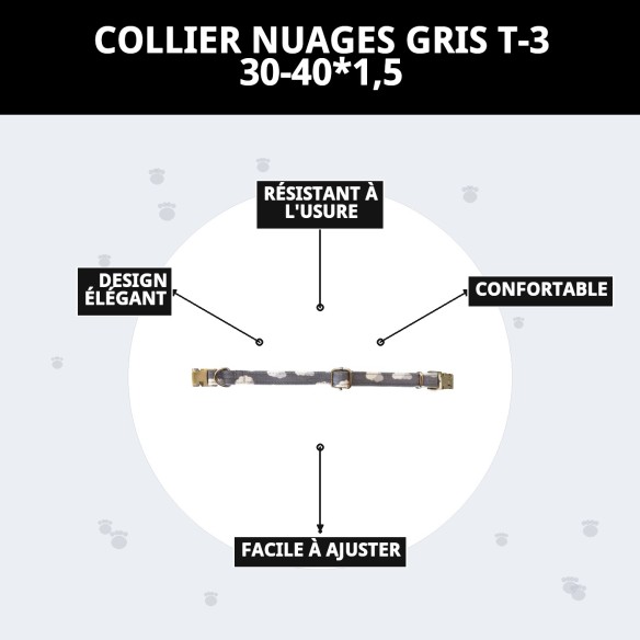 Collier Nuages Gris T-3 pour Chiens 30-40 cm - Confort et Style