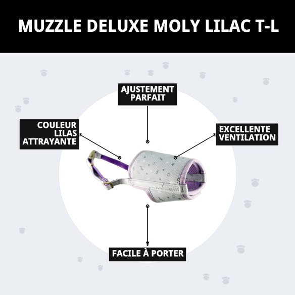 Muzzle Deluxe Moly Lila T-L pour animaux de compagnie confortables et en sécurité.