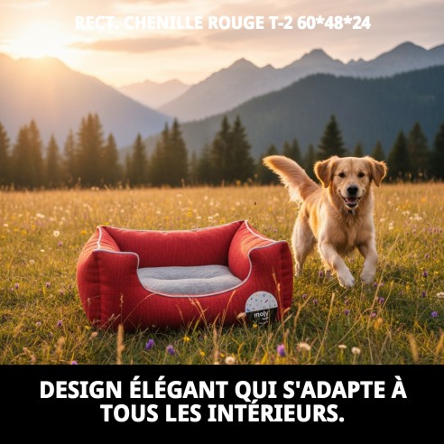 Coussin Rectangulaire en Chenille Rouge T-2 pour Animaux de Compagnie 60x48x24