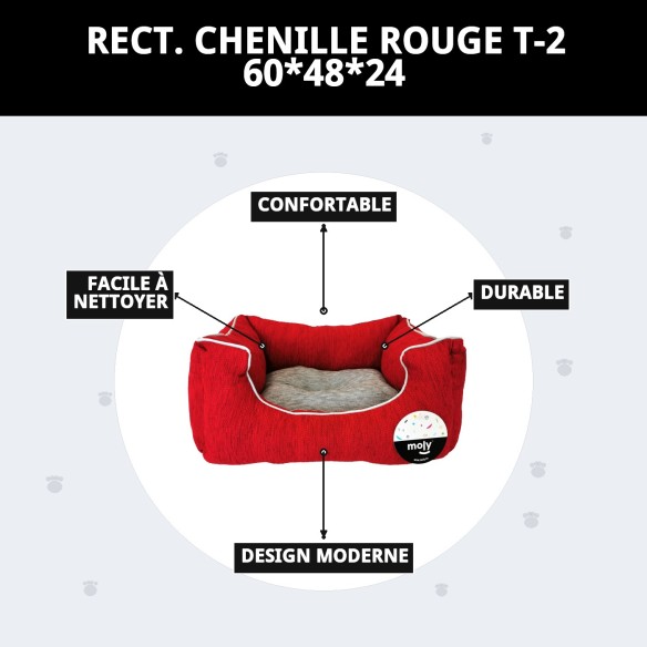 Coussin Rectangulaire en Chenille Rouge T-2 pour Animaux de Compagnie 60x48x24