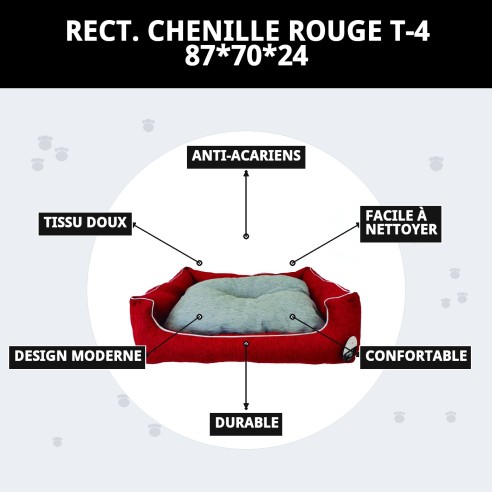 Coussin Rectangulaire Chenille Rouge T-4 : Confort pour Animaux de Compagnie