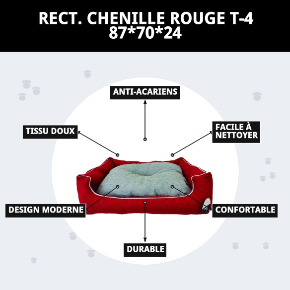 Coussin Rectangulaire Chenille Rouge T-4 : Confort pour Animaux de Compagnie