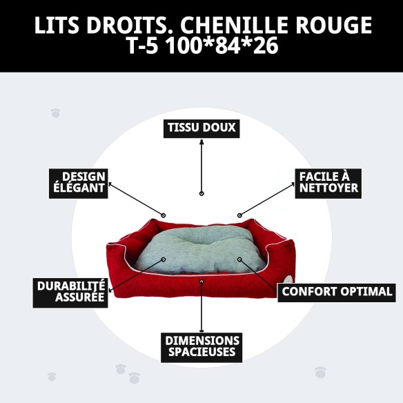 Coussin Rectangulaire en Chenille Rouge T-5 100x84x26 pour Animaux de Compagnie
