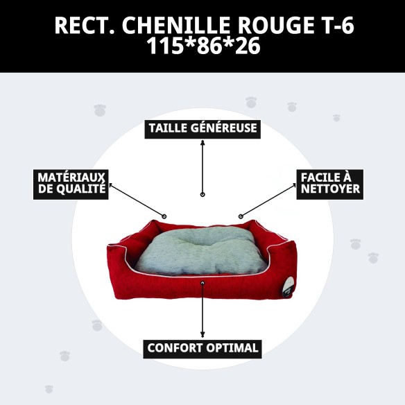 Lit rectangulaire en chenille rouge T-6 pour animaux de compagnie 115x86 cm