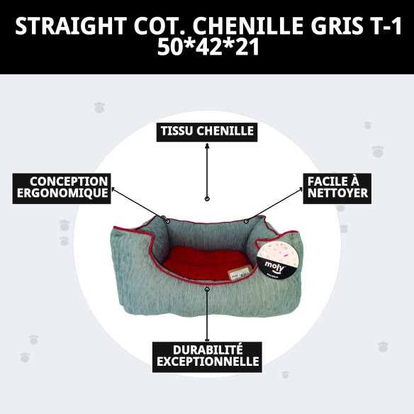 Coussin Rectangulaire Chenille Gris T-1 pour Animaux de Compagnie 50x42x21