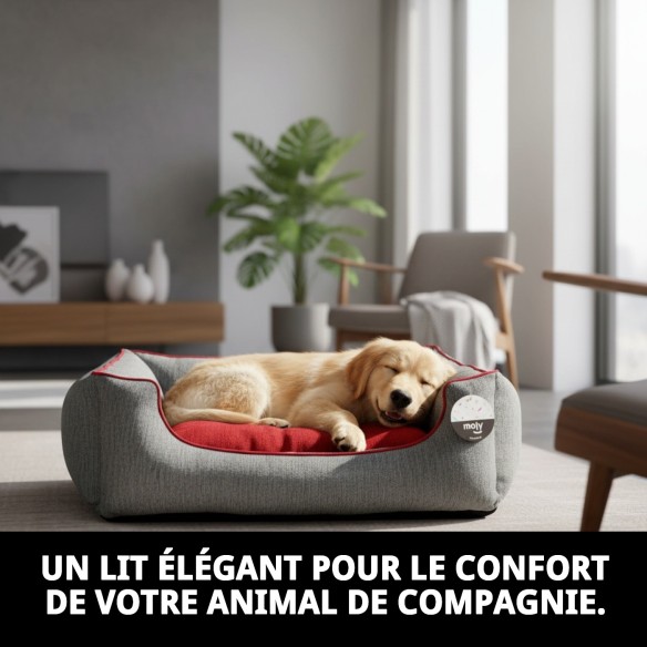 Lit rectangulaire en chenille gris et rouge pour animaux de compagnie T-2