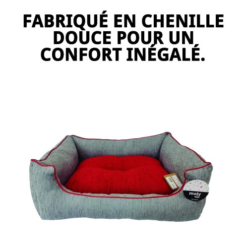 Lit rectangulaire en chenille gris et rouge pour animaux de compagnie T-2
