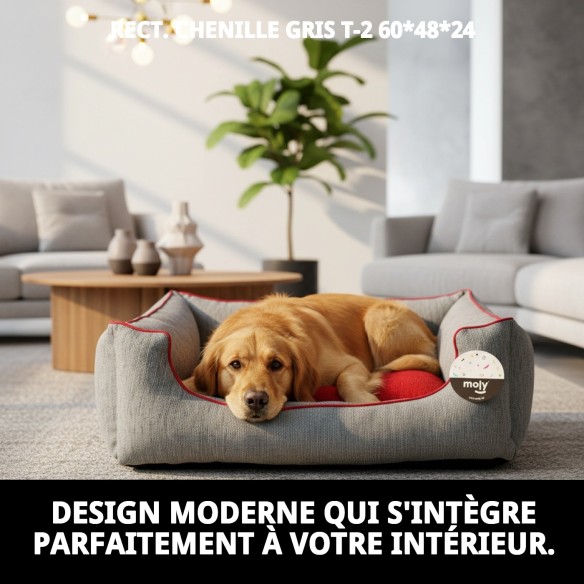 Lit rectangulaire en chenille gris et rouge pour animaux de compagnie T-2