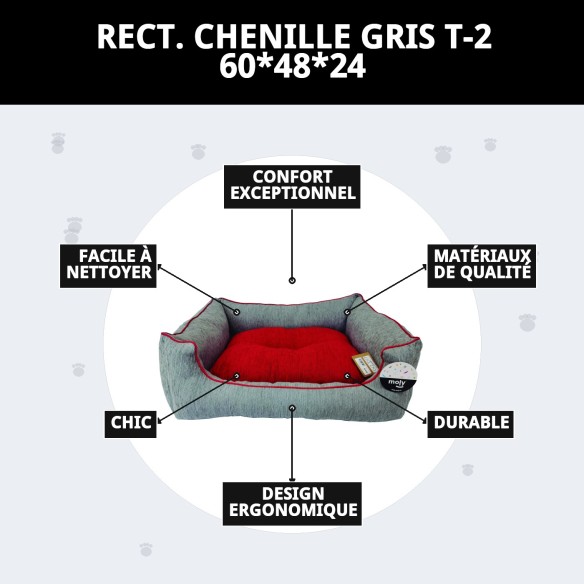 Lit rectangulaire en chenille gris et rouge pour animaux de compagnie T-2