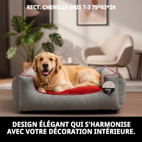 Lit rectangulaire en chenille gris T-3 pour animaux de compagnie 75x63 cm