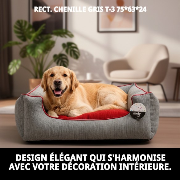 Lit rectangulaire en chenille gris T-3 pour animaux de compagnie 75x63 cm