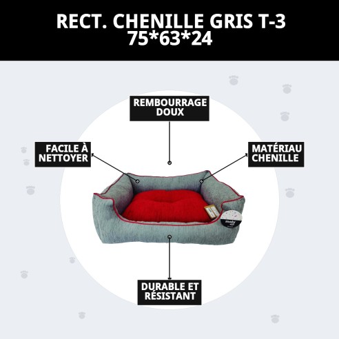 Lit rectangulaire en chenille gris T-3 pour animaux de compagnie 75x63 cm