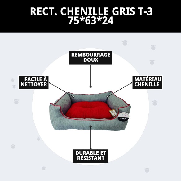 Lit rectangulaire en chenille gris T-3 pour animaux de compagnie 75x63 cm