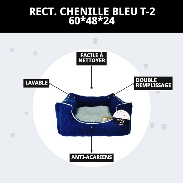 Coussin Rectangulaire Chenille Bleu T-2 : Confort et Style pour Animaux de Compagnie