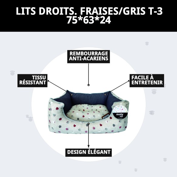 Lit rectangulaire Fresitas/Gris T-3 pour animaux de compagnie 75x63 cm