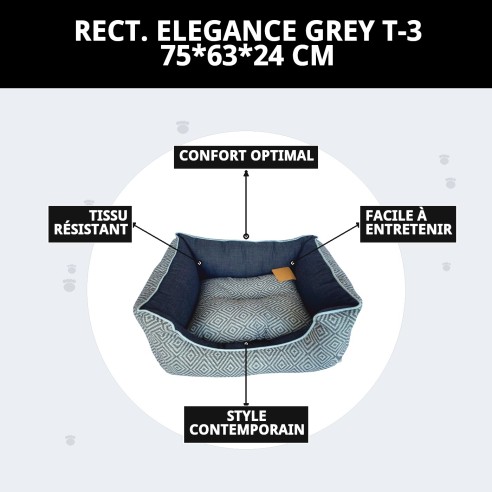 Lit rectangulaire Elegance Grey T-3 pour animaux de compagnie 75x63x24 cm