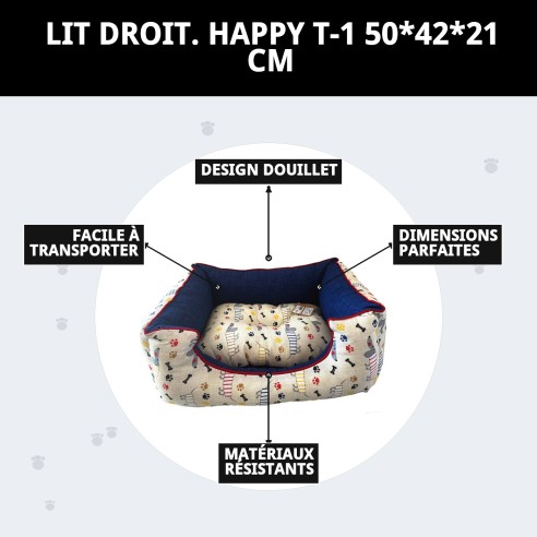 Lit rectangulaire Happy T-1 pour animaux de compagnie 50x42x21 cm