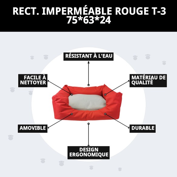 Coussin Rectangulaire Imperméable Rouge T-3 pour Animaux de Compagnie