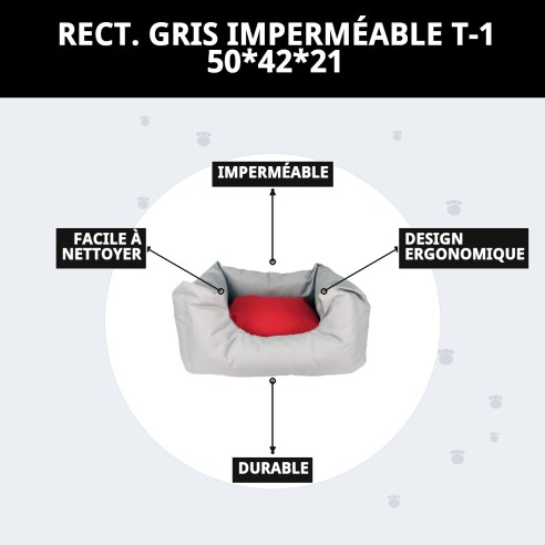 Coussin Rectangulaire Imperméable Gris T-1 pour Animaux de Compagnie 50x42cm