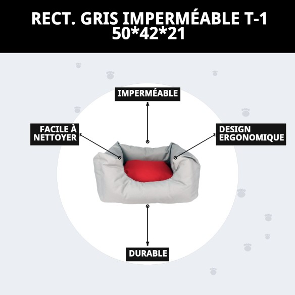 Coussin Rectangulaire Imperméable Gris T-1 pour Animaux de Compagnie 50x42cm