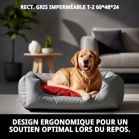 Coussin Rectangulaire Imperméable Gris T-2 pour Animaux de Compagnie 60x48 cm