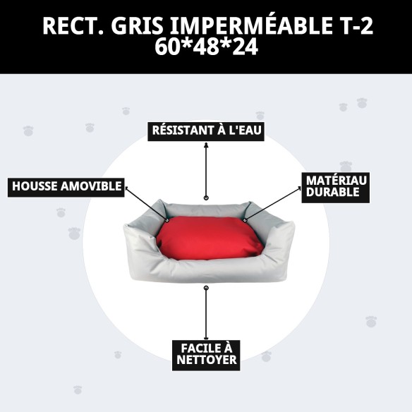 Coussin Rectangulaire Imperméable Gris T-2 pour Animaux de Compagnie 60x48 cm
