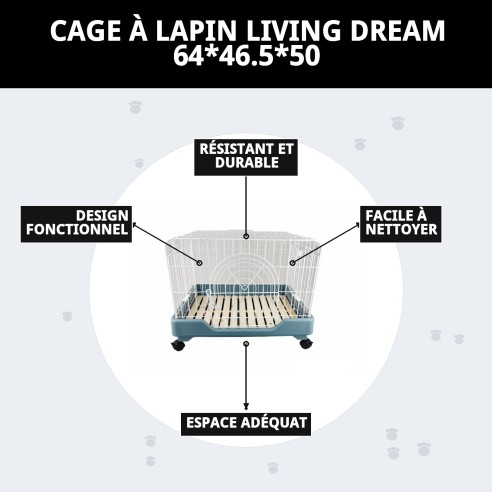 Cage pour lapin Living Dream avec plateforme et roues 64x46,5 cm.
