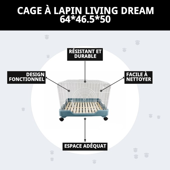 Cage pour lapin Living Dream avec plateforme et roues 64x46,5 cm.