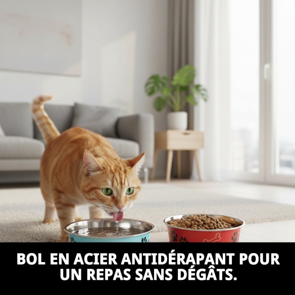Bol anti-dérapant en acier inoxydable pour animaux de compagnie.