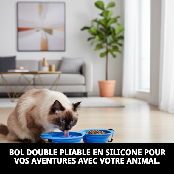 Bol de nourriture double pliable en silicone 350 ml pour animaux de compagnie.