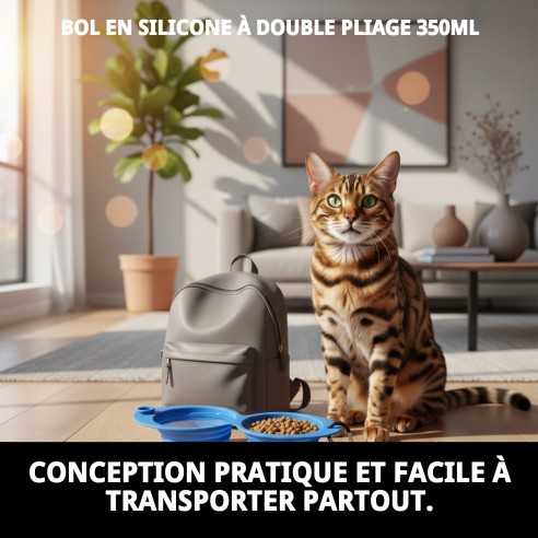 Bol de nourriture double pliable en silicone 350 ml pour animaux de compagnie.