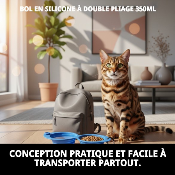 Bol de nourriture double pliable en silicone 350 ml pour animaux de compagnie.