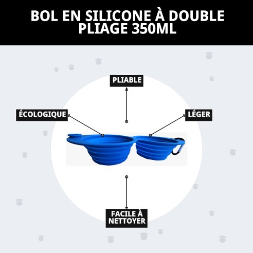 Bol de nourriture double pliable en silicone 350 ml pour animaux de compagnie.