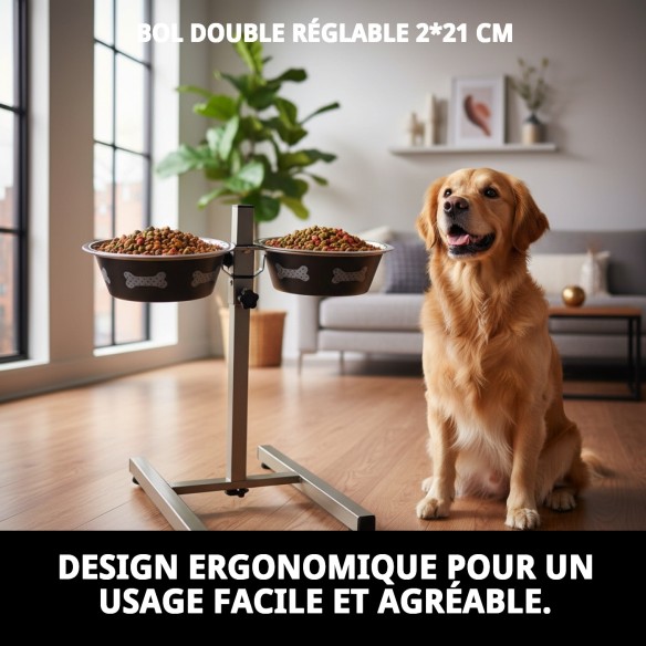 Gamelle pour chiens ajustable en hauteur, deux gamelles de 1,6 L Moly avec design exclusif.