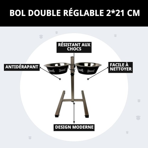 Gamelle pour chiens ajustable en hauteur, deux gamelles de 1,6 L Moly avec design exclusif.